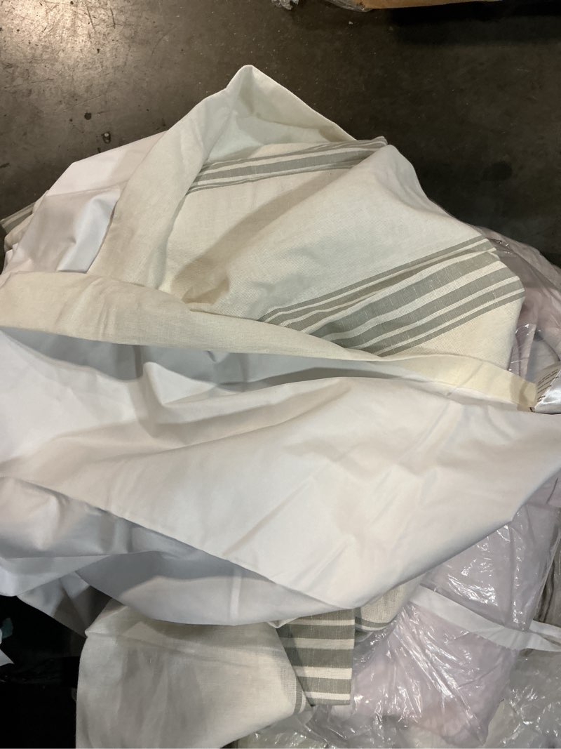 Condition photo showing Good Condition for quince coastal stripe linen cotton room darkening curtisn single panel 48”x96” ivory/sage green
