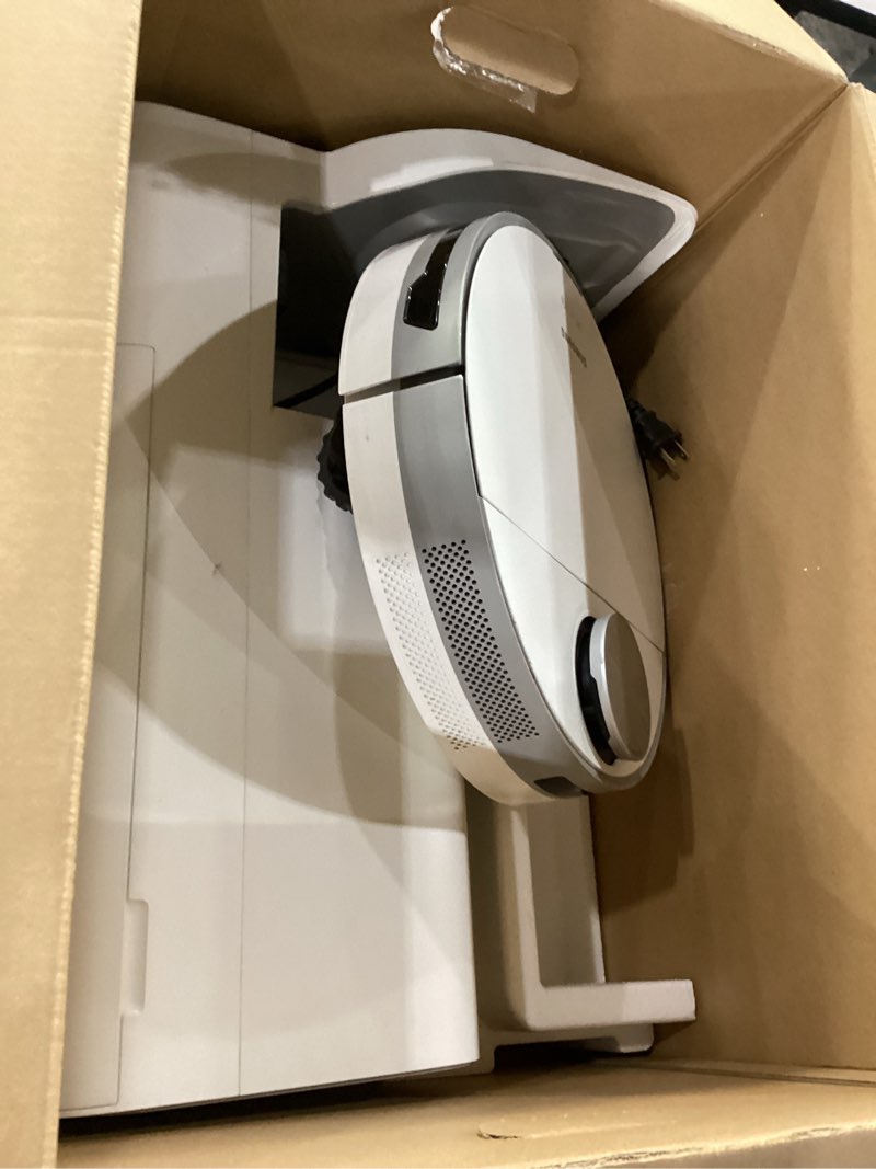 Condition photo showing As Is for not tested ****samsung jet bot+ robot vacuum cleaner w/ clean station, automatic emptying, precision cleaning, 5-layer filter, intelligent power control for hardwood floors, carpets, area rugs, vr30t85513w/aa, white jet bot +
