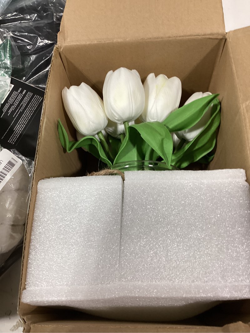 Condition photo showing Good Condition for dilatata tulips artificial flowers in vase white fake flowers centerpiece with glass vase with faux water faux tulip bouquet floral arrangement for table home office decor wedding thanksgiving round vase**/white/1 set