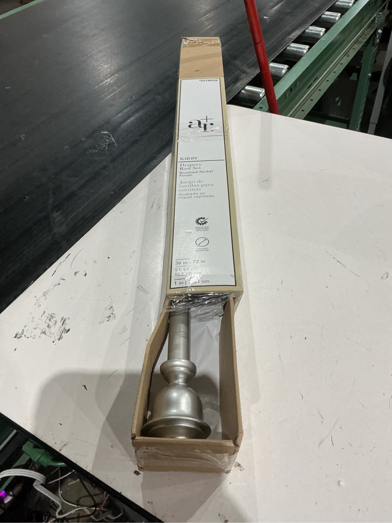 Condition photo showing As Is for allen + roth kirby 36-in to 72-in brushed nickel steel single curtain rod with finials