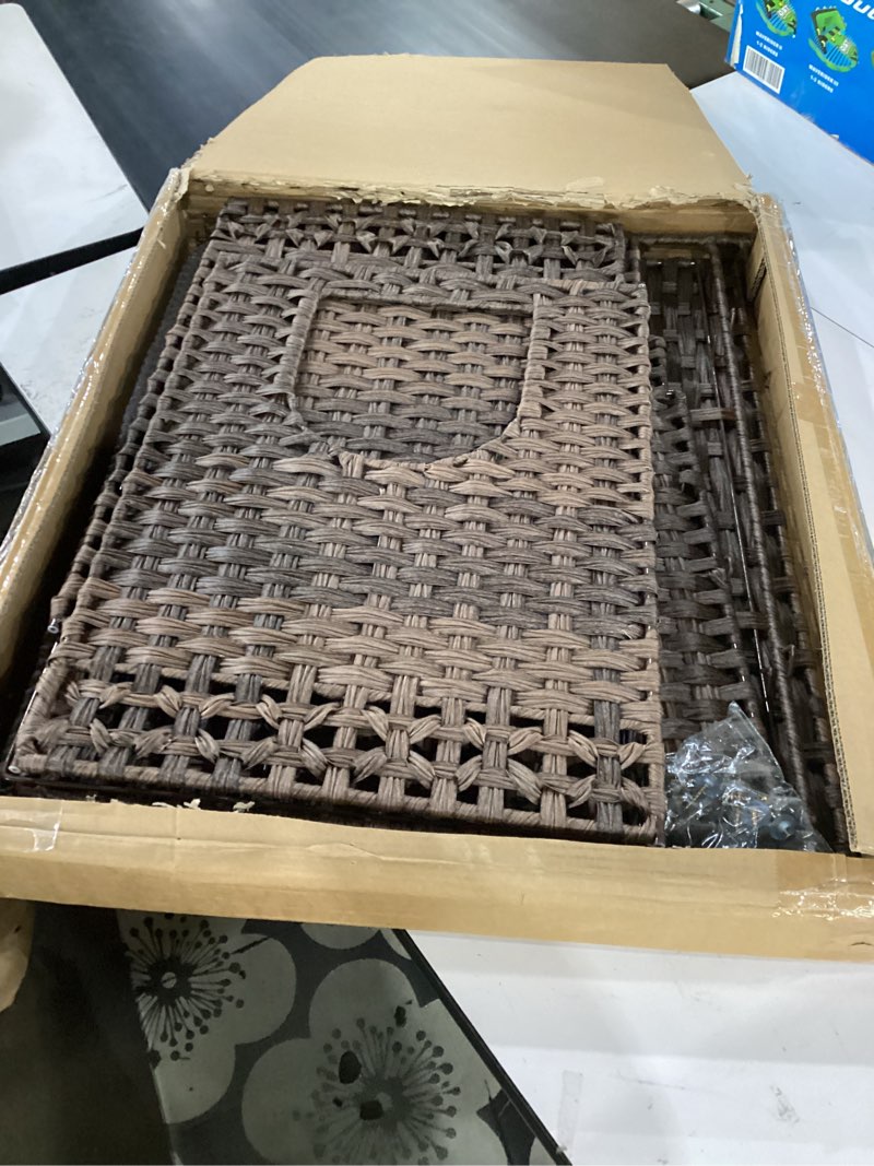 Condition photo showing As Is for incomplete*****rattan cat litter box enclosure large, 30.3”l x 18.2”w x 24.2”h | natural furniture look. woven rattan for airflow. double litter mats included, reduce litter tracking. brown