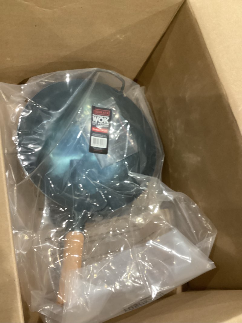 Condition photo showing New/Like New for yosukata 13.5” blue carbon steel wok pan – pre-seasoned flat bottom wok compatible with open fire, gas, electric, ceramic, induction cooktops -traditional chinese pan for stir fry, bbq, grill, camping