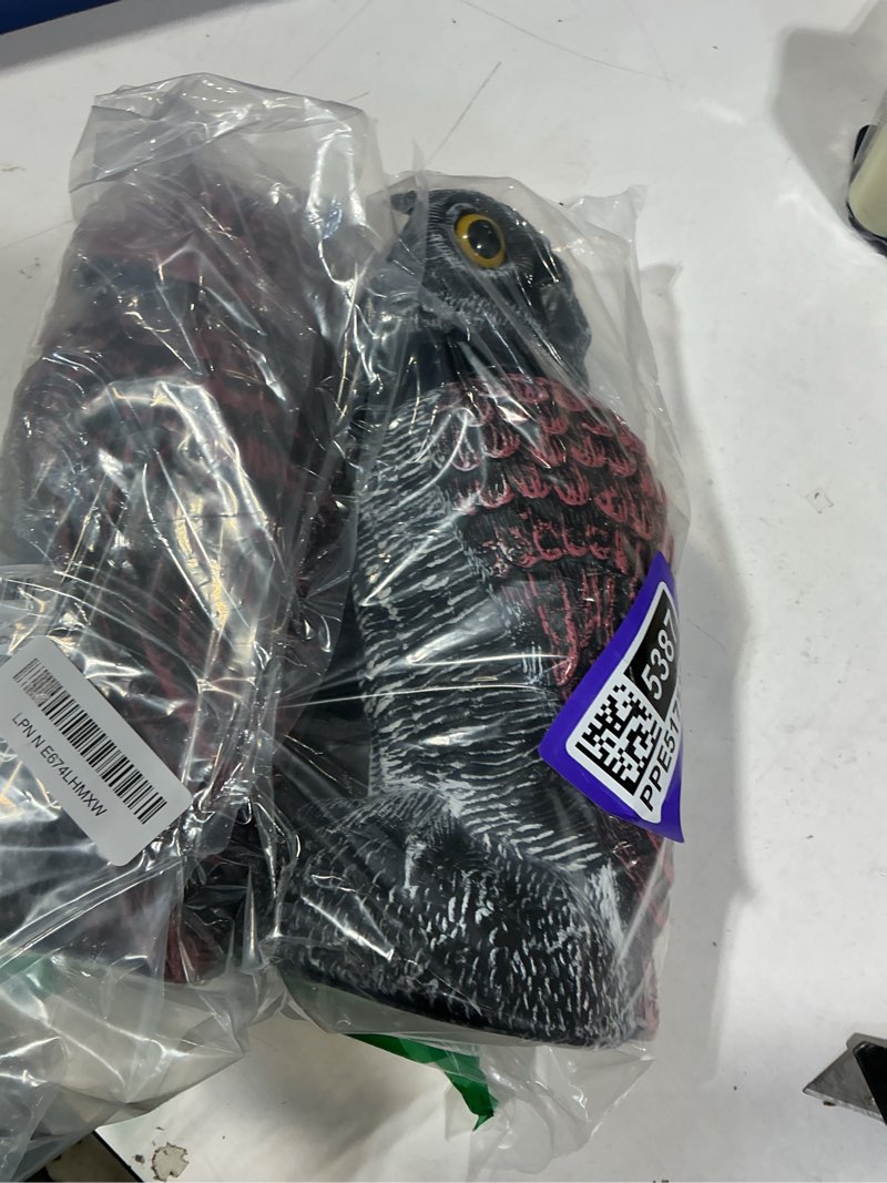Condition photo showing Good Condition for hausse 2 pack fake owl decoys to scare birds away, rotating head plastic owl bird deterrents, 10.6 inch height bird scarecrow nature enemy horned pest repellent for outdoor garden yard black 2 pack