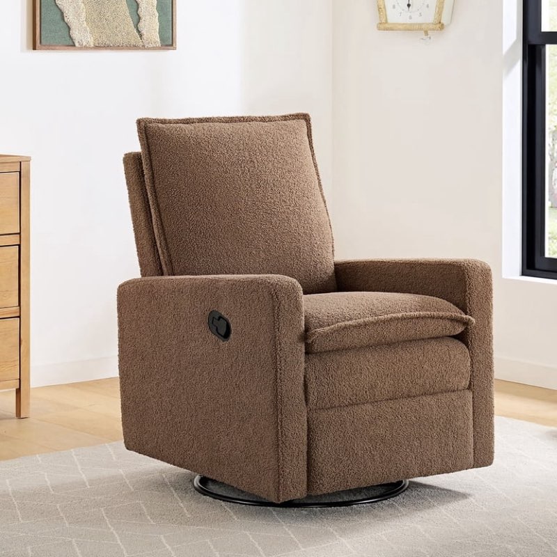 soho baby coventry upholstered glider recliner rocking chair 360° swivel for nursery and living room – boucle teddy brown?