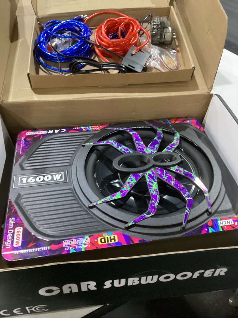 Condition photo showing As Is for SUBPULSIX 1600W Slim Under seat Car Subwoofer with Built-In Amplifier, RGB Beat-Synced Light, Low Pass/Gain/Bass Boost Controls, Deep Bass All-in-One Subwoofer and Amp Package for Truck/SUV/Jeep/Sedan
