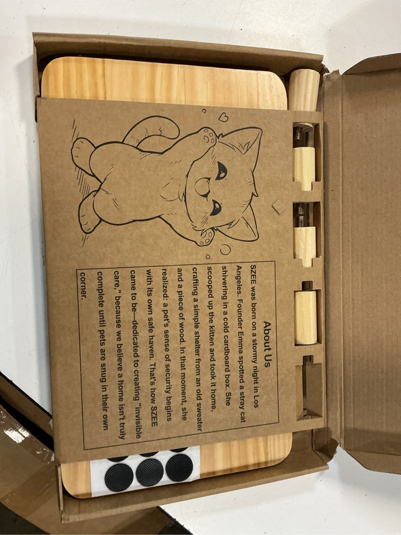 Condition photo showing New/Like New for szee cat food stand for automatic feeder & tradition bowls, elevated cat food table station, raises feeder/bowl by 2 3/8", premium solid wood material, relieves spine and joints noticeably on pets
