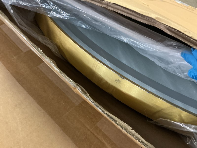 Condition photo showing As Is for FENNIO 70" x 32" Large Luxury Wall Mounted Mirror with LED Lights - Oval Full Length LED Lighted Full Body Dressing Mirror for Bedroom, Salon, Brushed Aluminum Frame, Tempered Glass Oval/ Gold 70"L x 32"W