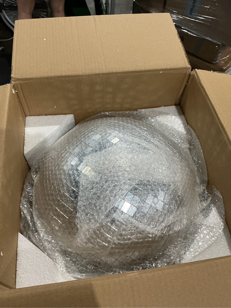 Condition photo showing Good Condition for large disco ball - 16 inch cool mirror ball, giant discoball, super big disco ball for party designs, weddings, home decor, silver hanging disco ball
