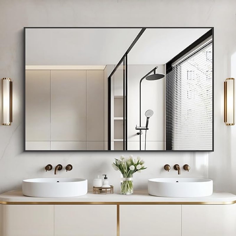 36x55inch Bathroom Mirror, Black Rectangle Mirror with Thin Metal Frame, Large Rectangular Wall Mirror for Bathroom, Living Room, Hair Salon, Big Farmhouse Mirror Hang Horizontal/Vertical Black 55\"L x 36\"W