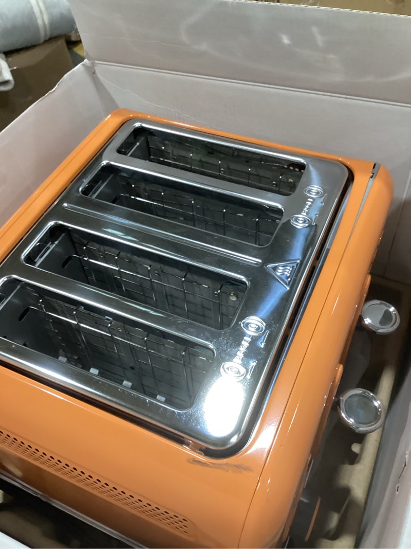 Condition photo showing As Is for BUYDEEM DT640 4-Slice Toaster, Extra Wide Slots, Retro Stainless Steel with High Lift Lever, Bagel and Muffin Function, Removal Crumb Tray, 7-Shade Settings,Orange 4-Slice Orange