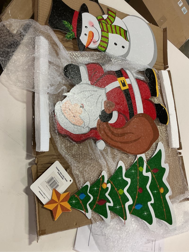 Condition photo showing Good Condition for glitzhome Metal Christmas Santa Snowman Tree Stake 3 Pack Outdoor Yard Holiday Décor, 24" H, Multicolor