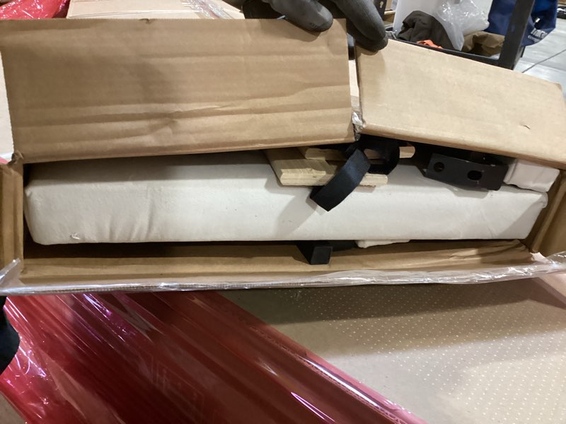 Condition photo showing As Is for queen size upholstered platform bed frame, modern beige fabric bed with vertical tufted headboard, no box spring needed, sturdy slat support for bedroom, easy assembly(beige, full)