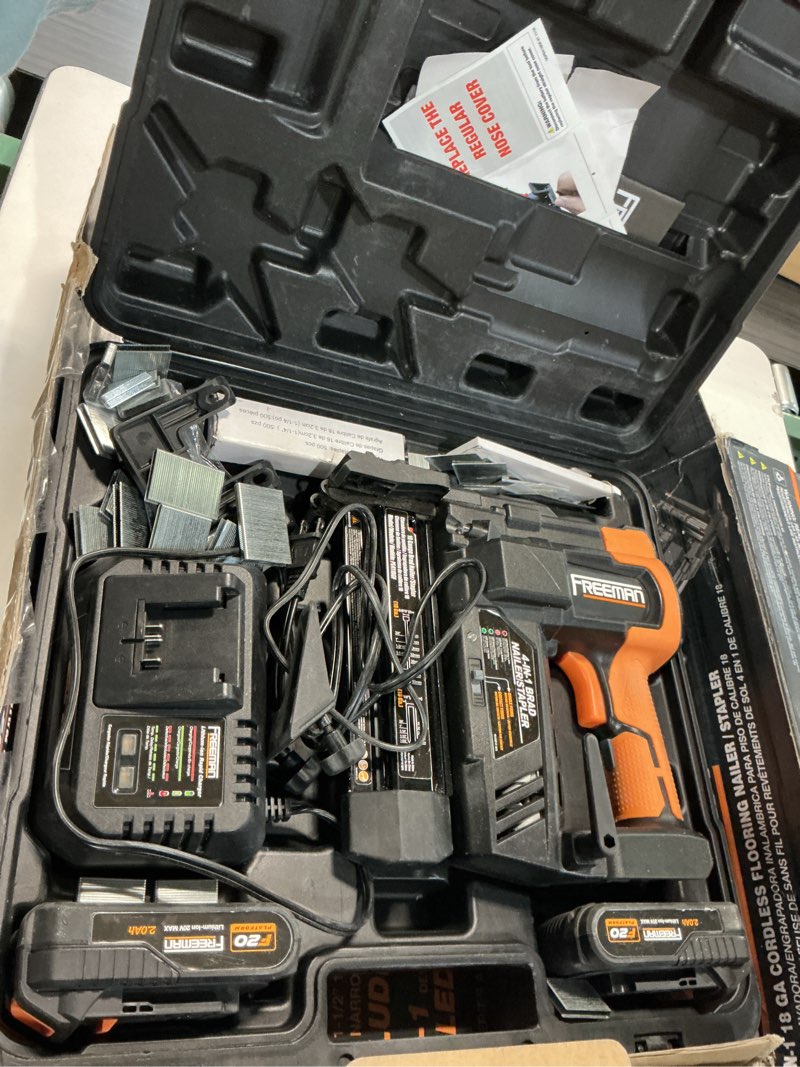 Condition photo showing As Is for Freeman PE4118GF 20 Volt Cordless 4-in-1 18-Gauge 2" Flooring Nailer/Stapler Kit with Lithium-Ion Batteries, Charger, Case, and Fasteners (1000 Count)