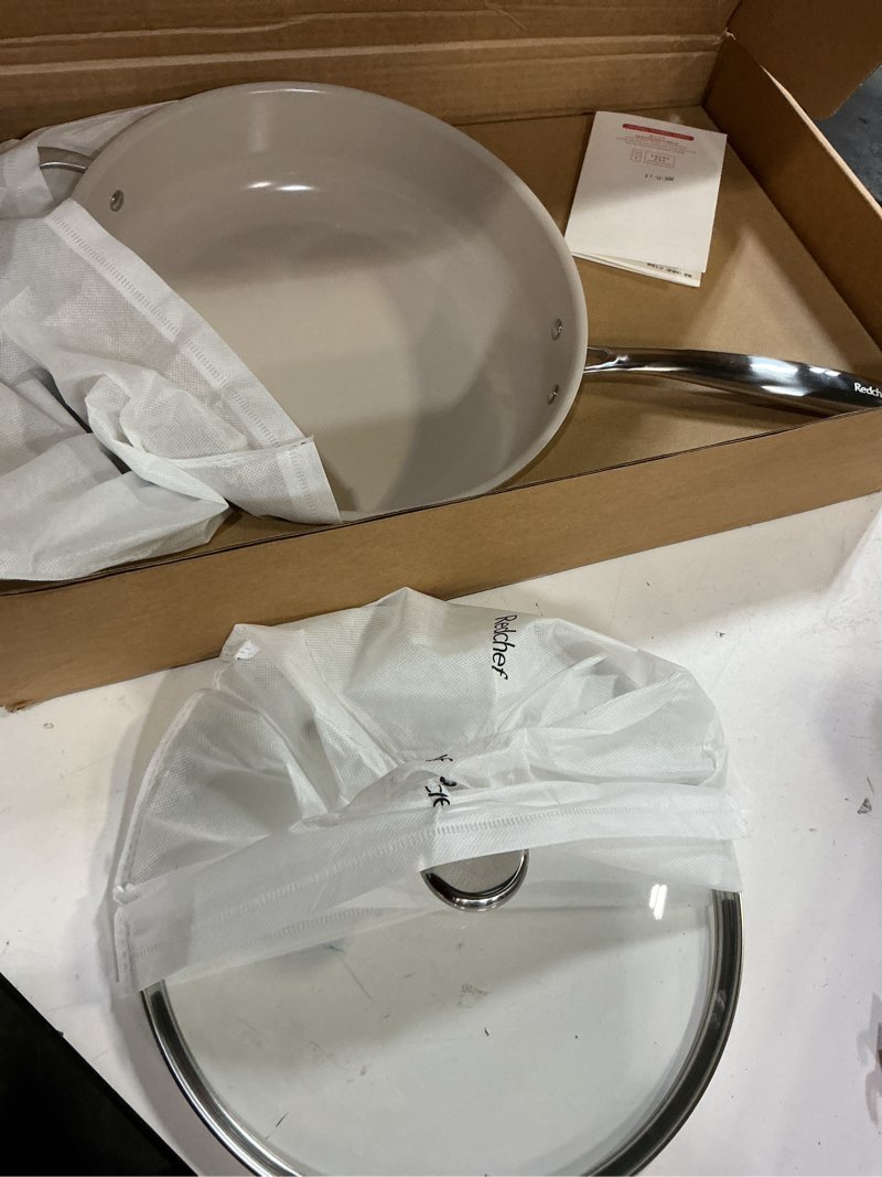 Condition photo showing Good Condition for redchef ceramic saute pan with lid, nonstick deep frying pan, 5qt jumbo cooker with helper handle & lid, non toxic ceramic cooking pan, chef pan, dishwasher & oven safe, pfas pfoa & ptfe free beige
