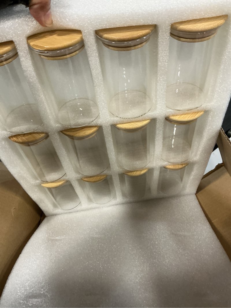 Condition photo showing New/Like New for showin 8oz glass food storage jars, glass jars with bamboo lids, kitchen storage jars, set of 12, canisters with airtight lids for spice, coffee, cookie, pantry organizers round-8oz12pc