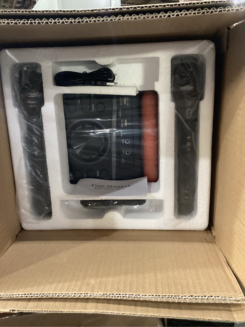 Condition photo showing New/Like New for JYX Karaoke Machine with 2 Wireless Microphones, 24\" Big Portable Bluetooth Speaker for Adults with RGB Light PA System Treble & Bass, Support TWS/USB/AUX/TF Card/REC, for Home Party Outdoors with Rollers--2 Mics not tested 