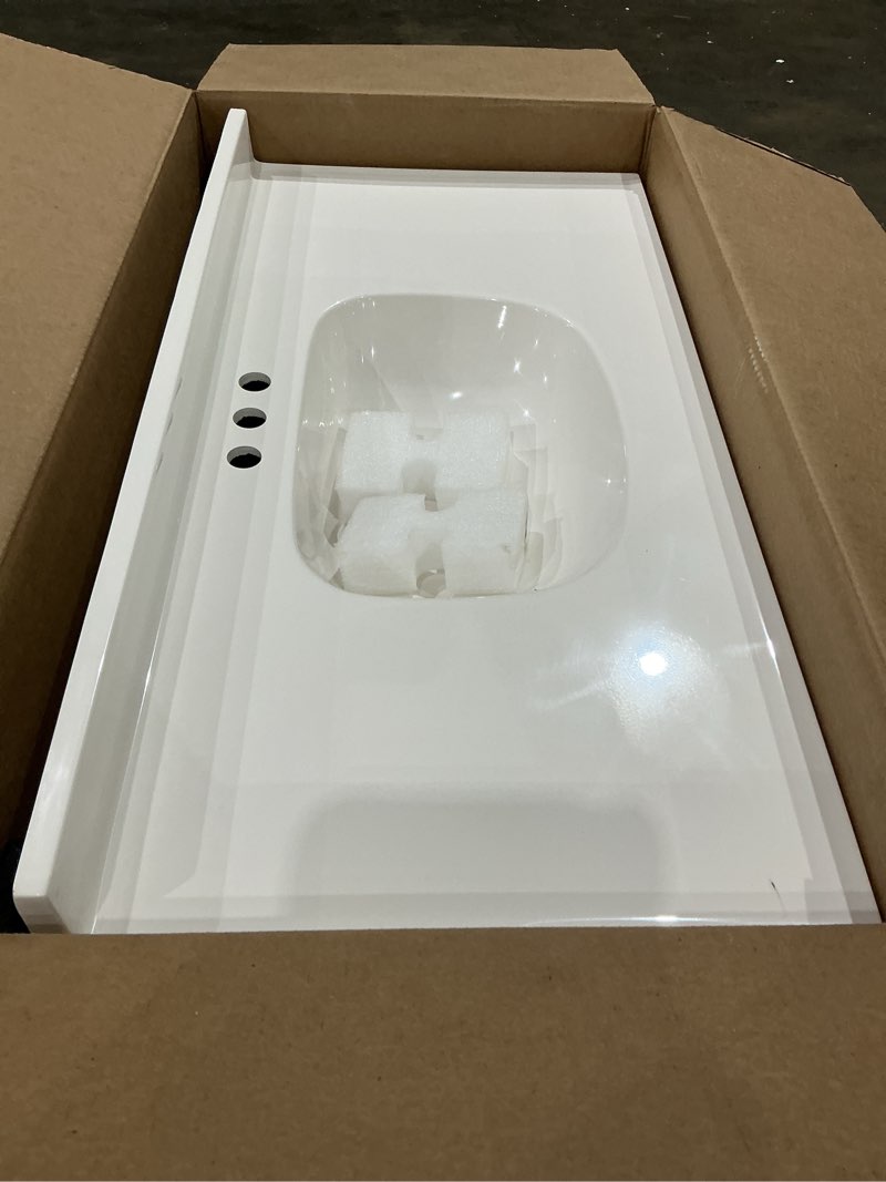 Condition photo showing As Is for project source 36-in white single sink bathroom vanity with white cultured marble top