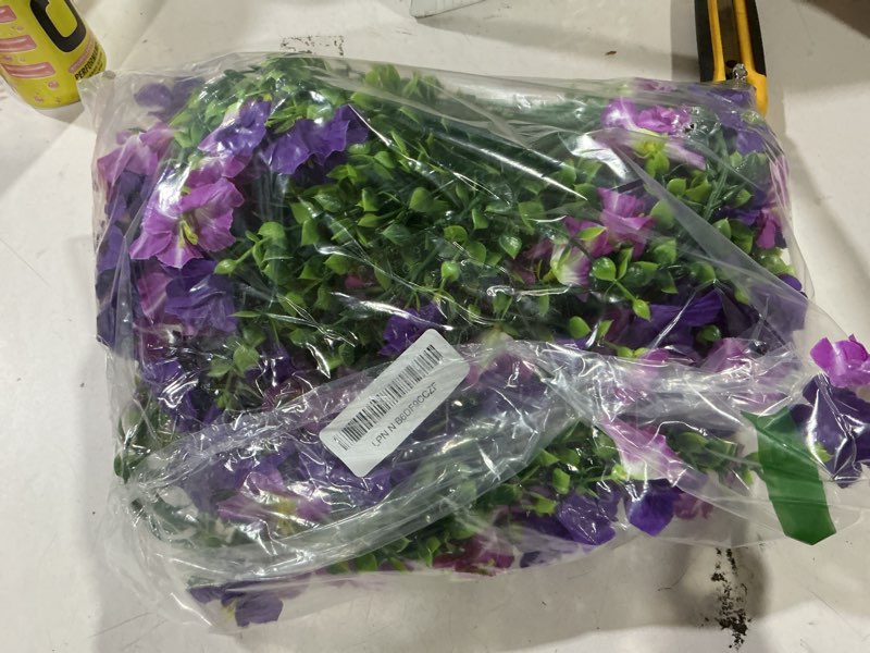 Condition photo showing New/Like New for 2 pcs artificial hanging flowers for outdoors, uv resistant fake hanging flowers for spring outdoor decor, faux hanging flowers for garden front porch patio window decor, silk flowers for home decor