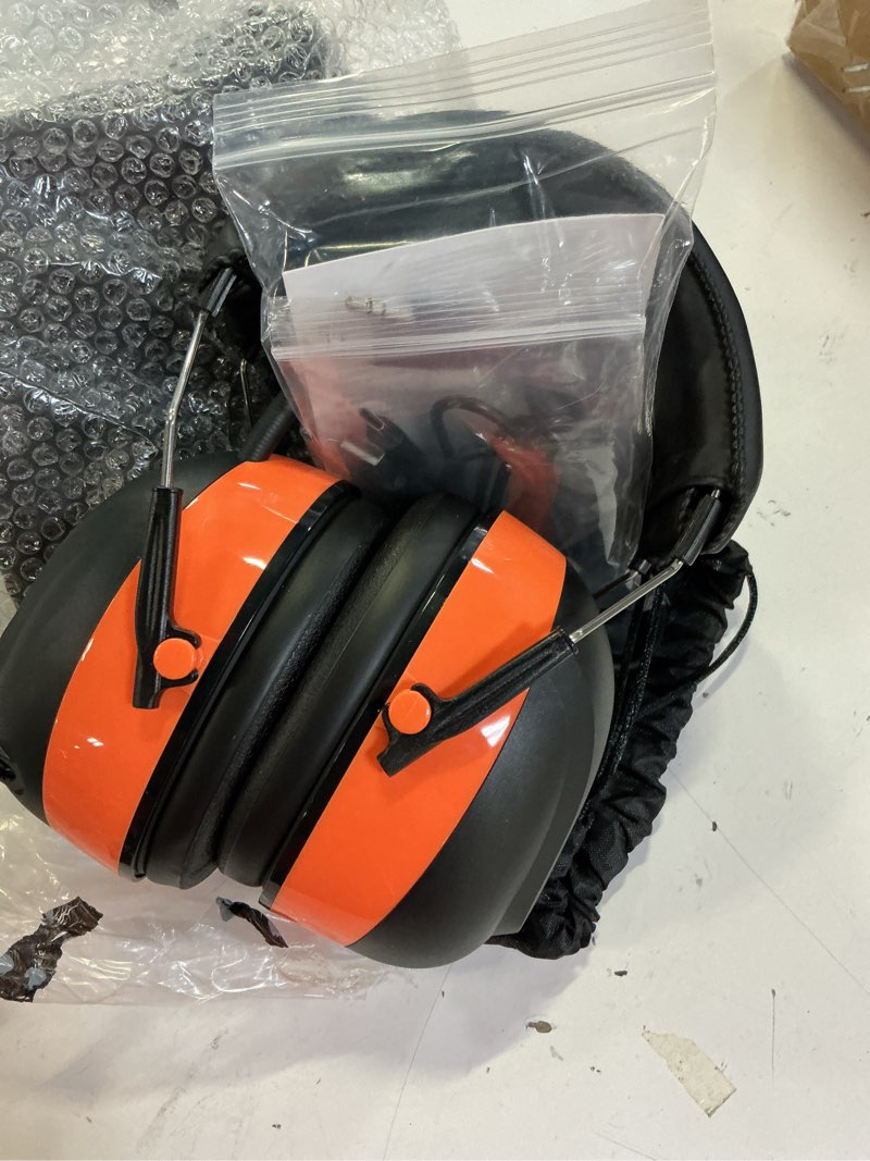 Condition photo showing Good Condition for 2025 am/fm radio ear protection headphones with backlit digital display, 120h working time, rechargeable hearing protector, 30db noise reduction safety earmuffs for mowing, construction, work, orange orange-am/fm
