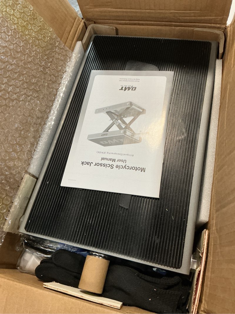 Condition photo showing Good Condition for omt motorcycle lift, 1100lb scissor jack stand for atv dirt bike cruiser | wide deck motorbike center stand; crank hoist t handle and 3/8 inch socket; 3.7 to 14.6 inch lift; 5 lock holes; chain brush grey