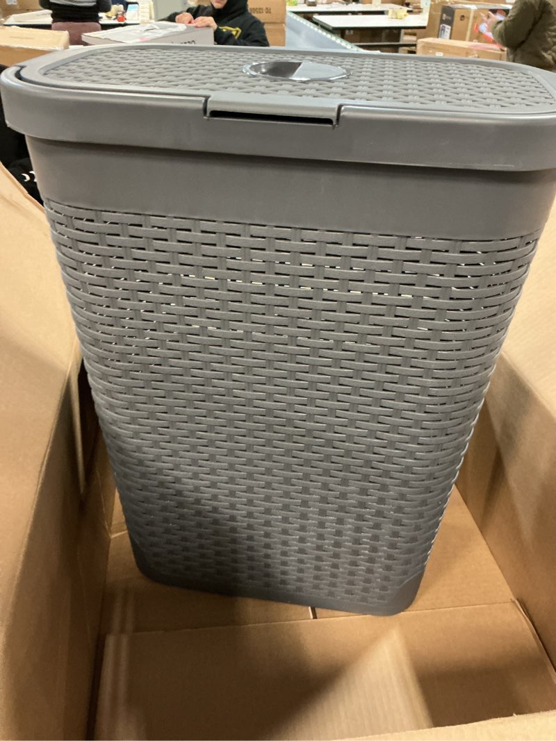 Condition photo showing As Is for Mind Reader Slim Laundry Hamper with Lid, 40L Clothes Basket, Premium Wicker Design, Plastic, Gray
