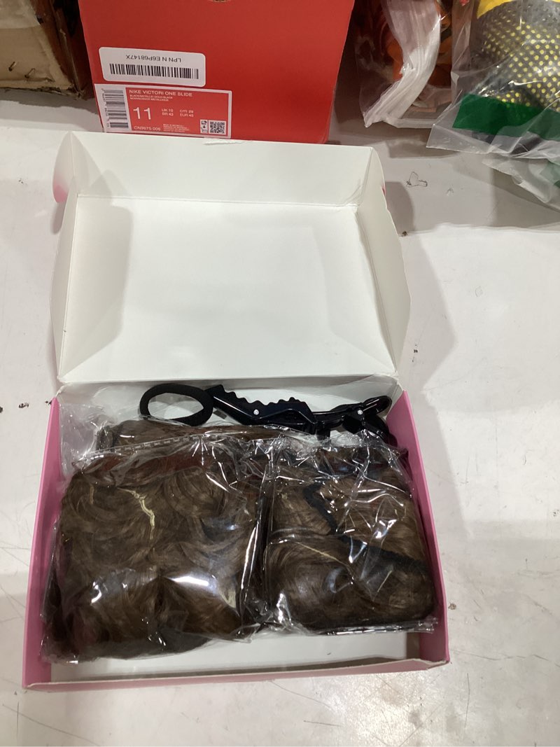 Condition photo showing New/Like New for curly clip in hair extensions, 4pcs 20 inch light brown extensions clip ins, lace weft short curly invisible natural hairpieces for women light brown 20 inch