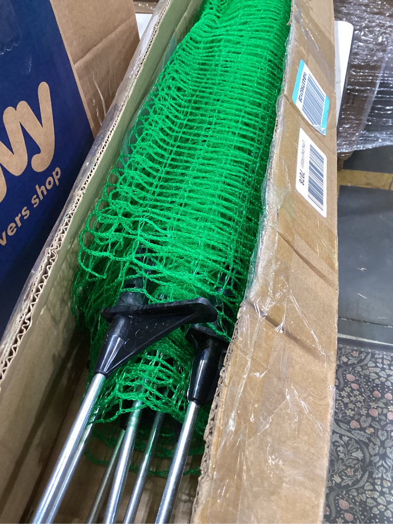 Condition photo showing As Is for temporary fence with posts, 3‘x50‘ animal barrier dog portable fencing with fiberglass stake windbreak rope, safety snow plastic netting roll for garden, chickens, backyard outdoor protect 3x50ft