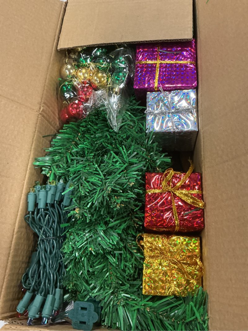 Condition photo showing Good Condition for PREXTEX 23-Inch DIY Mini Christmas Tree with Lights - Small Christmas Decorations Table Top Xmas Tree with Multicolor LED String Lights, Star Topper, Hanging Ornaments and Gift Boxes for Holiday Decor Dark Green