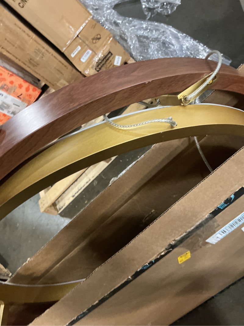 Condition photo showing As Is for led ring chandelier dimmable gold chandelier round foyer chandeliers light mahogany wood printed circular chandeliers for dining room entry bedroom office living room, 24in walnut wood gold 30w downlight