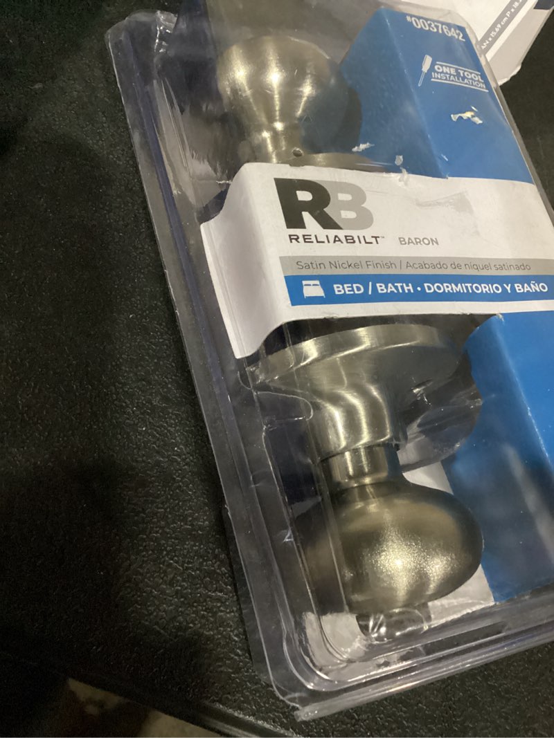 Condition photo showing As Is for reliabilt baron satin nickel interior or bed/bath privacy door knob