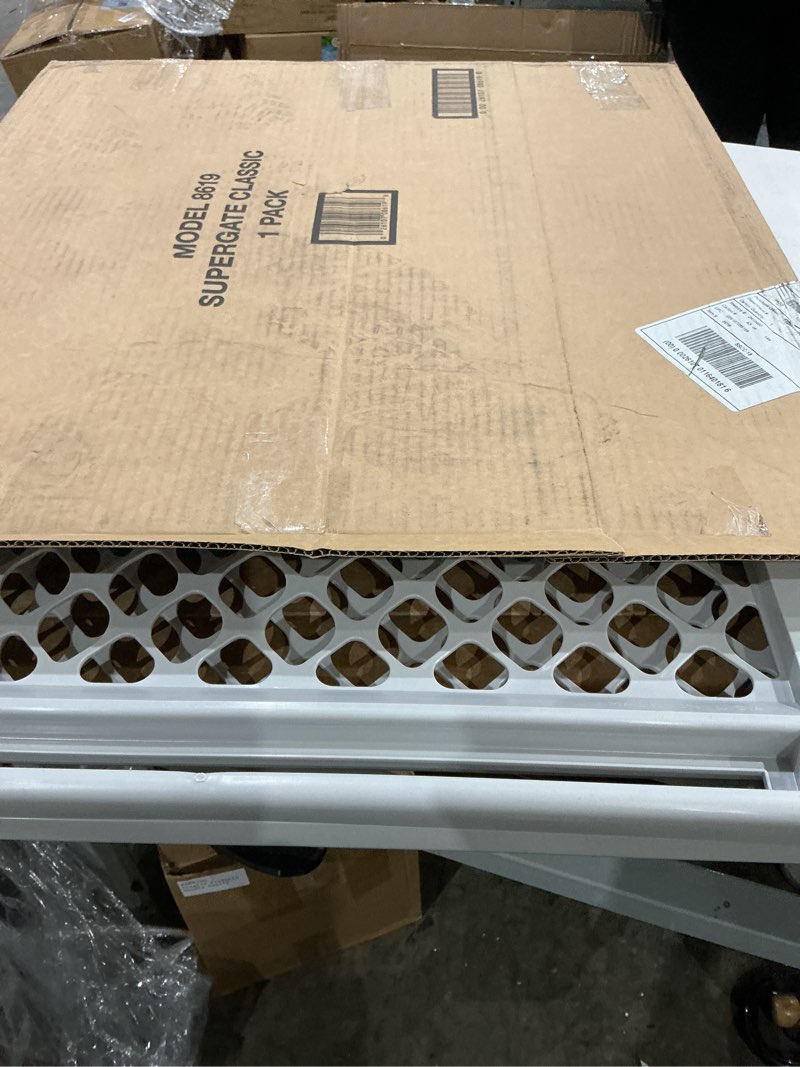 Condition photo showing New/Like New for mypet universal pet gate: 26” - 42” wide dog gate for doorways with pressure fit or swinging door hardware mounting types included: 26" tall; gray