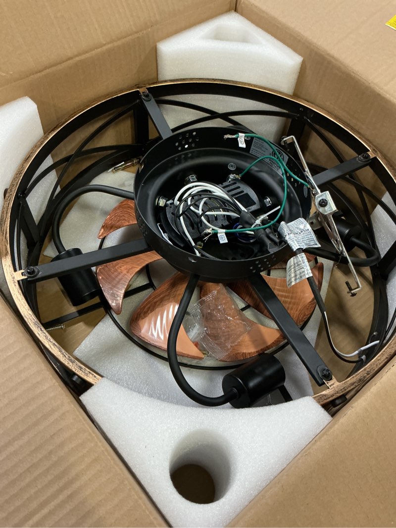 Condition photo showing As Is for 22" farmhouse ceiling fan with light, rustic caged bladeless low profile ceiling fans with lights and remote, modern flush mount ceiling fans with lights for bedroom, living room - etl