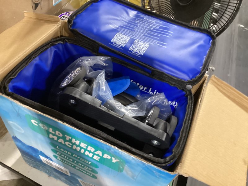 Condition photo showing As Is for ice machine for knee after surgery, cold therapy machine for hip shoulder knee replacement recovery, portable quiet leak-proof knee ice machine with wheels & universal pad for pain relief and swelling blue
