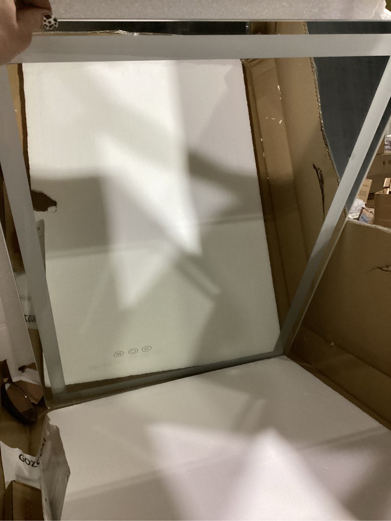 Condition photo showing As Is for LED Bathroom Mirror 20X28 Makeup Mirror with Lights, Wall-Mounted Vanity Mirrors, Hollywood Lighted Mirror with Stepless Dimmable, Anti-Fog Wall Mirrors Back Front Light Bathroom Mirror (20"x28") Black 20"L x 28"W