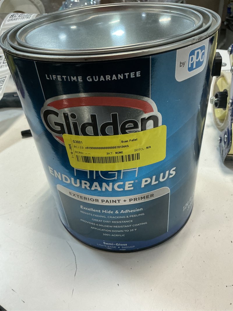 Condition photo showing New/Like New for glidden exterior paint and primer, smoke grey / gray