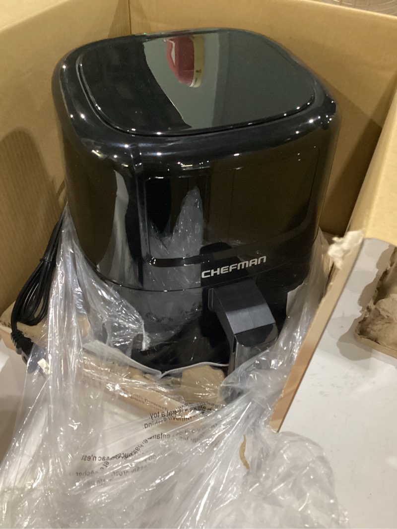 Condition photo showing Good Condition for chefman air fryer – 6 qt compact airfryer for quick & easy meals in minutes, features hi-fry technology for extra crisp, touchscreen controls with 4 presets, nonstick & dishwasher safe basket - black 6 quart - no window, not tested
