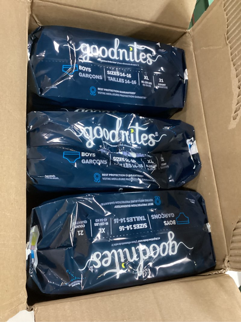 Condition photo showing Good Condition for Goodnites Boys' Nighttime Bedwetting Underwear, Size Extra Large (95-120 lbs), 63 Ct (3 Packs of 21), Packaging May Vary X-Large 63