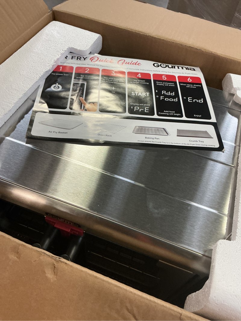 Condition photo showing As Is for new gourmia 6-slice digital toaster oven air fryer with 19 one-touch presets, stainless steel