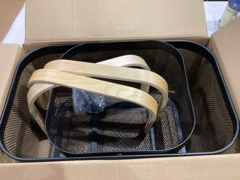 Condition photo showing Good Condition for Cheardia 2 Pack Picnic Baskets, Metal Mesh Harvest Basket with Foldable Wooden Handle, Rectangle Garden Storage Basket Bin for Vegetable Fruit Garden Kitchen Cabinet Picking Gathering Black