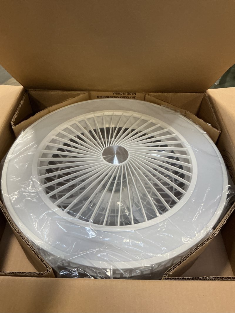 Condition photo showing Good Condition for Bladeless Ceiling Fan with Lights and Remote, 19 Inch LED Low Profile Fandelier Ceiling Fans with Metal Frame, White Flush Mount Light Fixtures for Kids Bedroom, Kitchen, Living Room
