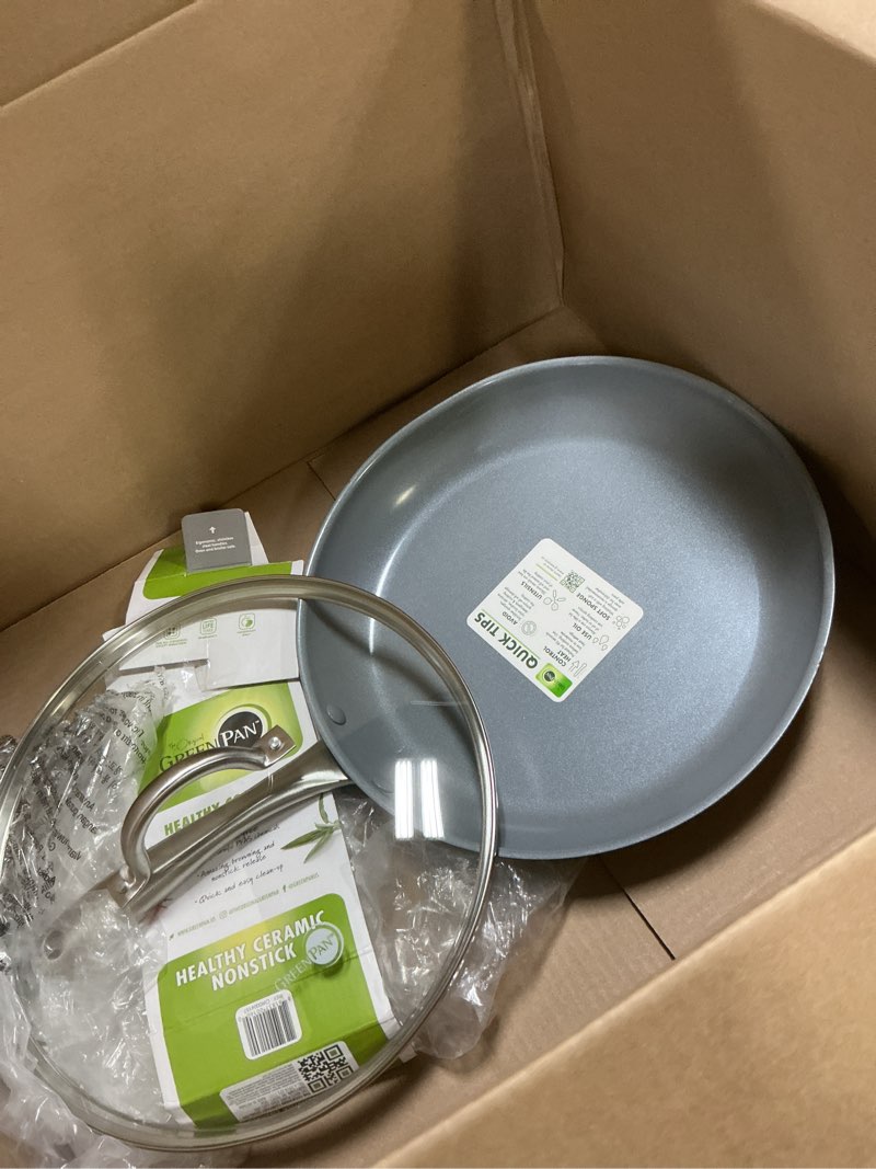 Condition photo showing Good Condition for greenpan lima hard anodized 12" frying pan skillet with lid, ceramic nonstick, pfas-free nontoxic pots and pans, oven & broiler safe, stainless steel handle, cookware for eggs & omelet, gray