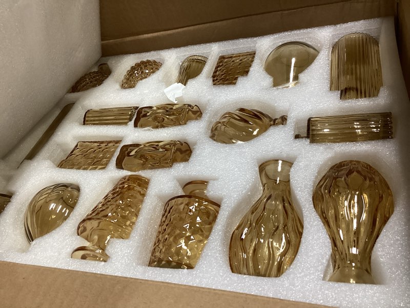 Condition photo showing Good Condition for upbud amber glass bud vases set of 36, mini flower vase for centerpieces, small gold bud vases in bulk for wedding decorations, vintage vase for table, recepetion, home décor standard-gold amber 36pcs