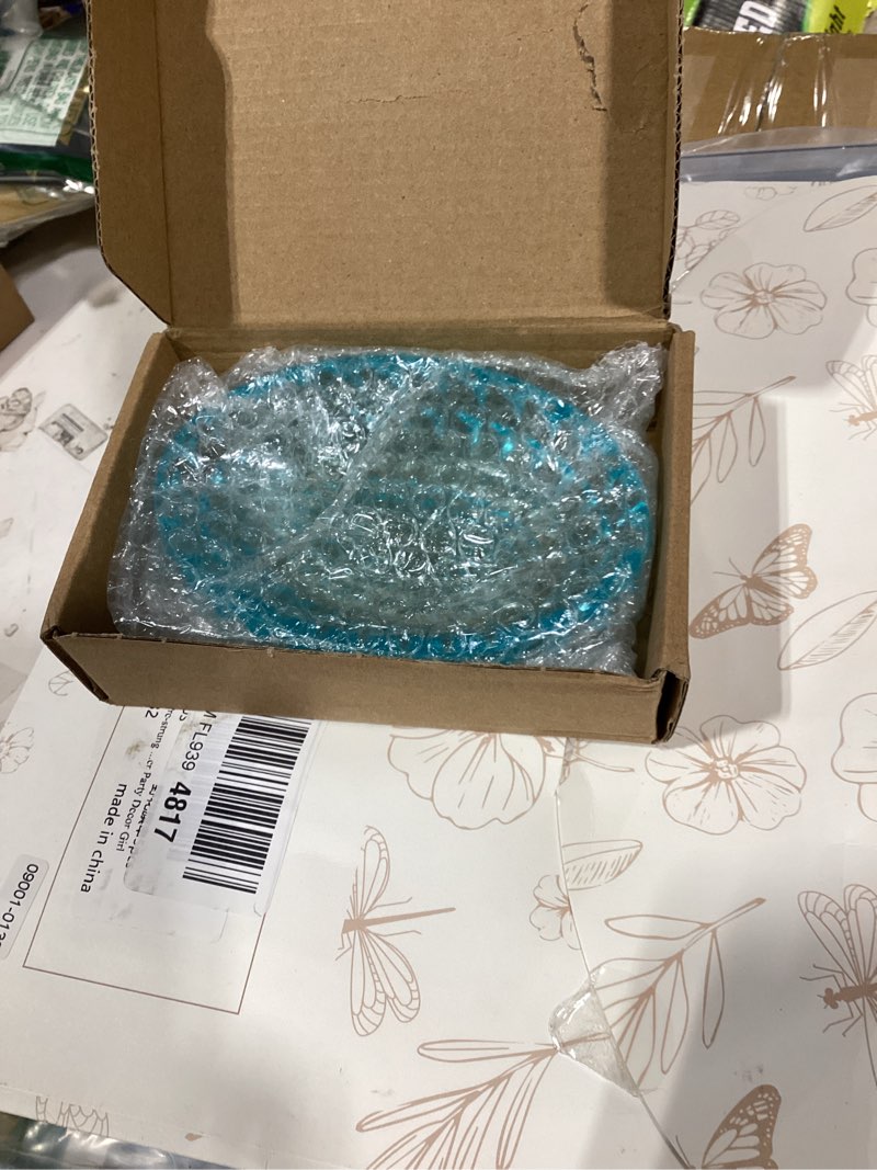 Condition photo showing New/Like New for blue glass soap dish with embossed raised sides, oval glass soap holder for bathroom counter, kitchen sink blue 1pcs