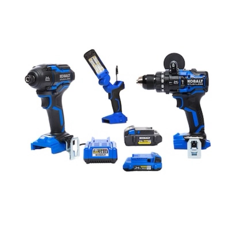 kobalt xtr 24-volt 3-tool brushless power tool combo kit with hard case (2-batteries and charger)
