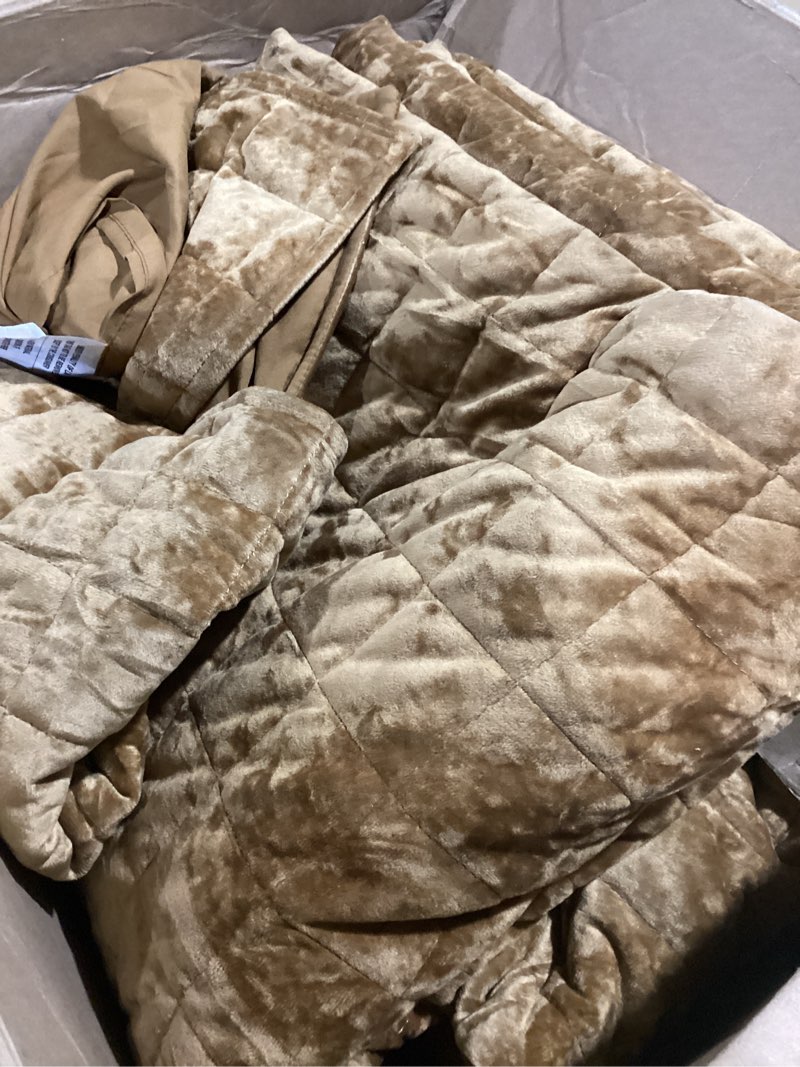 Condition photo showing As Is for recyco luxury velvet quilt set, california king 118'' x 106'' oversized bedspread, ultra soft velvet comforter, lightweight box stitch bedding sets for all season, with 2 shams, caramel gold oversized cal king (118" x 106") caramel gold