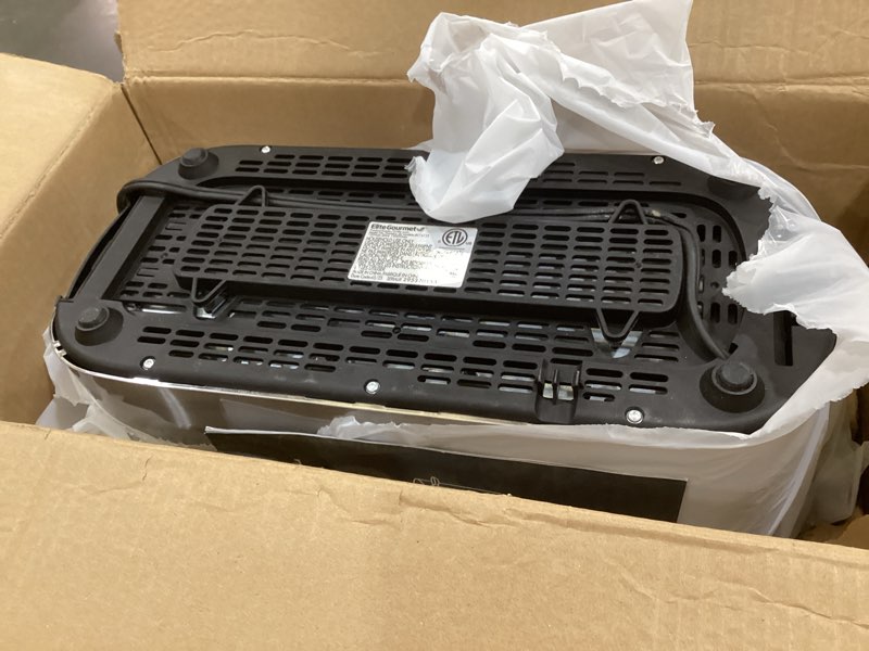 Condition photo showing As Is for elite gourmet ect4123 long slot 4 slice toaster, extra wide 1.5" and 5.1" deep slots, bagel, defrost & cancel functions, 6 toast shade settings, fits bagels, waffles, artisan breads, stainless steel 4 slice stainless steel