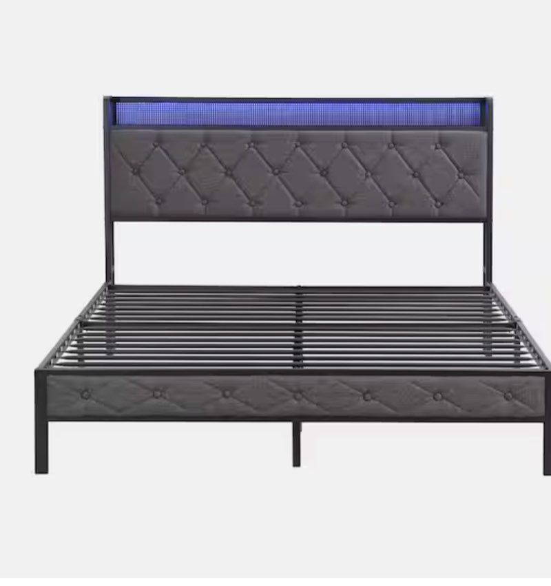 Dark Gray Metal Frame Queen Platform Bed with Storage Headboard, Charging Station, and LED Lights