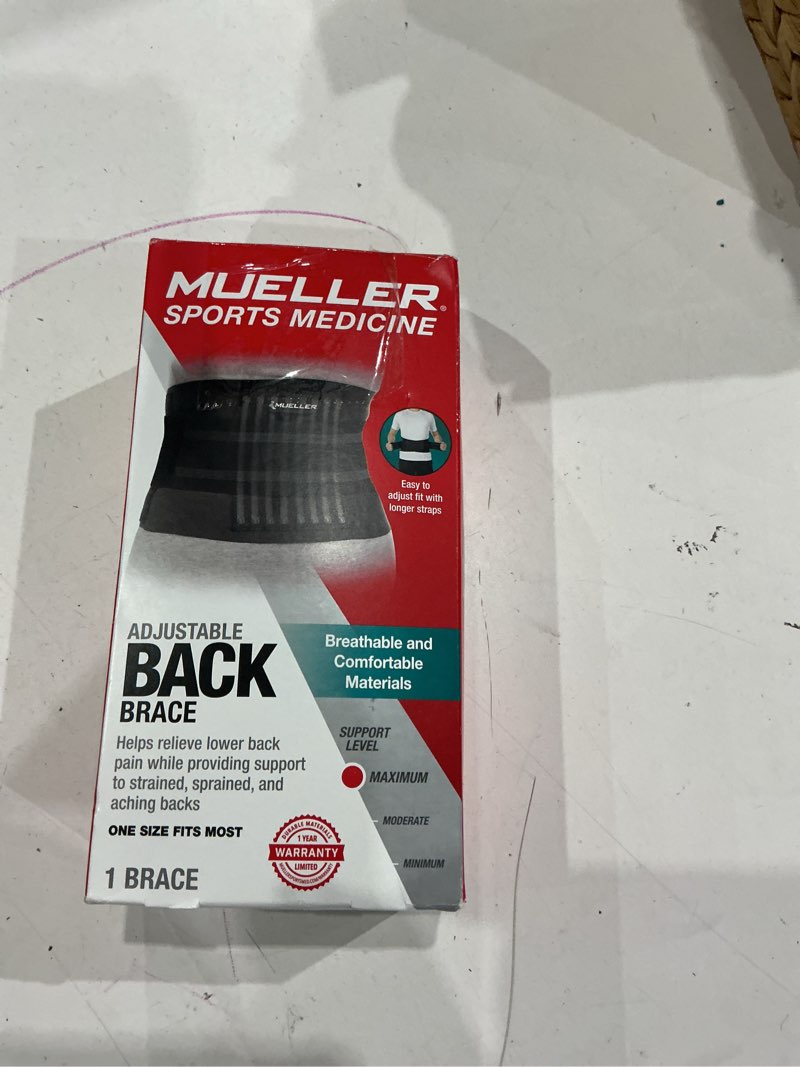 Condition photo showing As Is for mueller adjustable back brace, black, one size fits most