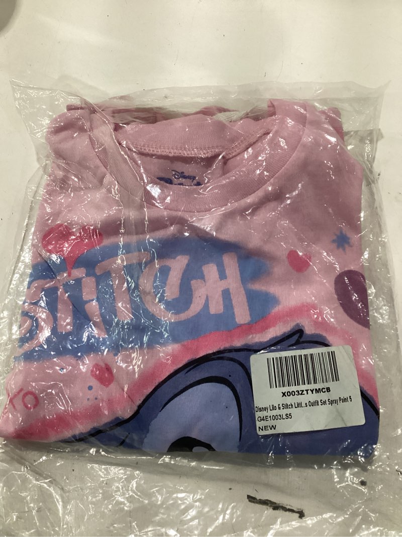 Condition photo showing As Is for disney t-shirt and french terry shorts outfit set infant to big kid sizes  5 stitch spray paint