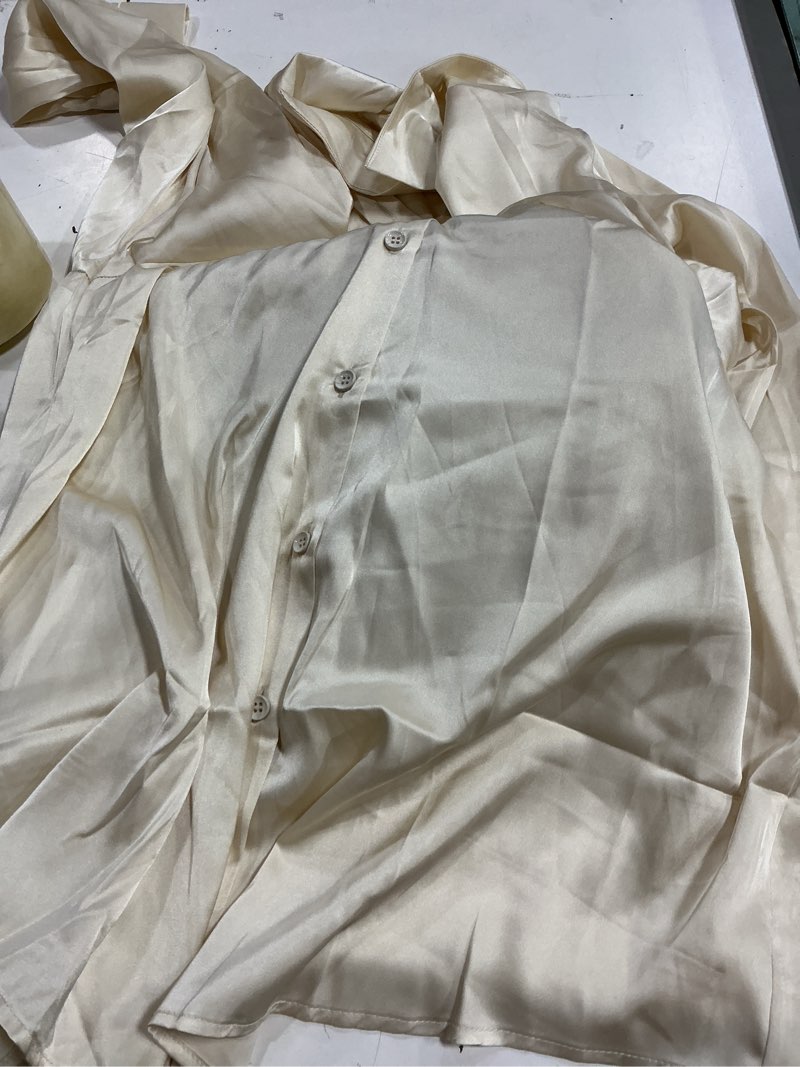 Condition photo showing Good Condition for (size:l)chigant women's satin silk long sleeve button down shirt casual loose work blouse top beige